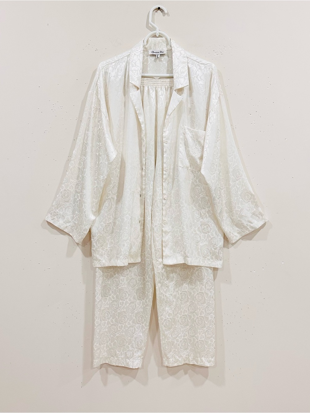 Vintage Christian Dior Lingerie Pajama Set M White Floral Jacquard Satin 90s М/L